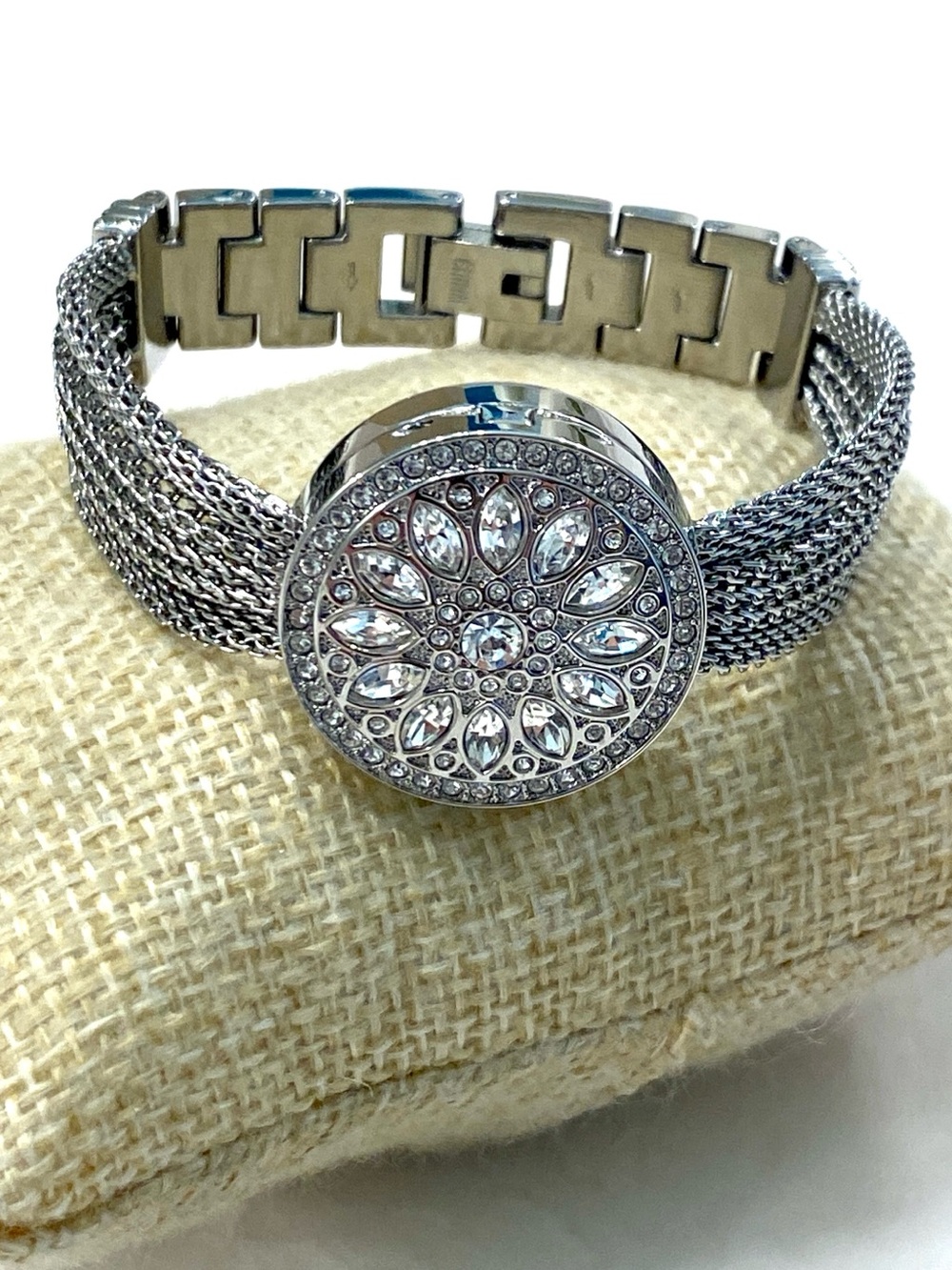 Armitron Silver Crystal Floral Medallion Mesh Bracelet